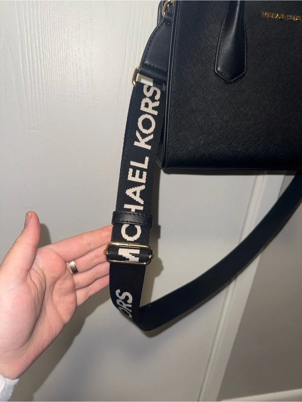 Michael Kors Black Leather Satchel with Gold MK Charm
